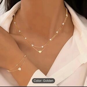 Gold Layered Necklace and Braclet with Heart Charms